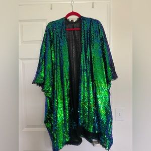 Plus Size Green Peacock Sequins & Lace Kimono/Cardigan